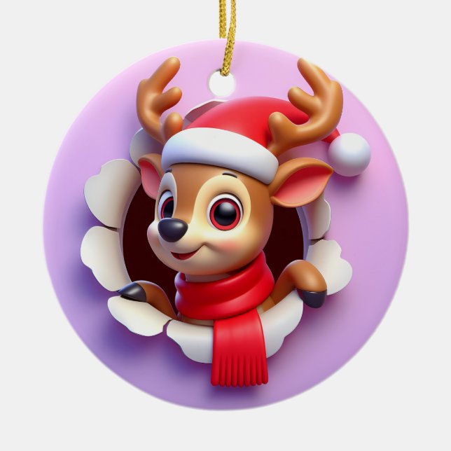 Happy Santa Reindeer Bursting Out  Ceramic Tree Decoration (Front)