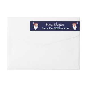 Happy Santas on Christmas Blue Return Address Wrap Around Label