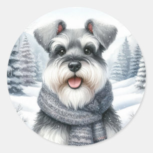 Happy Schnauzer in a Scarf Winter Art Classic Round Sticker