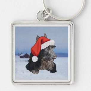 Happy Scottish Terrier Santa Hat Key Ring