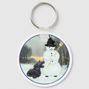 Happy Scottish Terrier & Snowman Key Ring