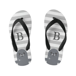 Happy Seal and Grey Stripes Monogram Kid's Jandals