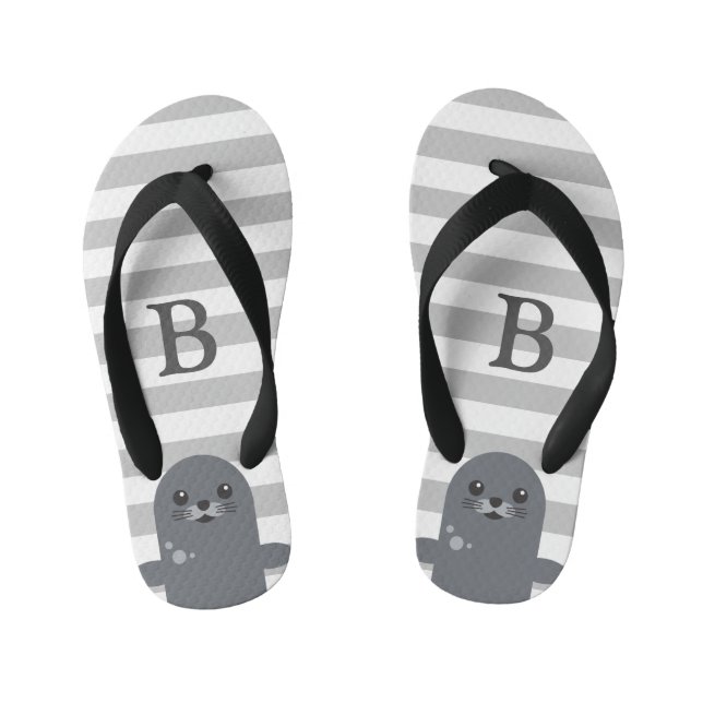 Happy Seal and Grey Stripes Monogram Kid's Jandals (Footbed)