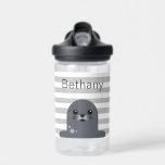 Happy Seal and Grey Stripes Personalised Water Bottle<br><div class="desc">Cute happy seal and stripes personalised bottle.</div>