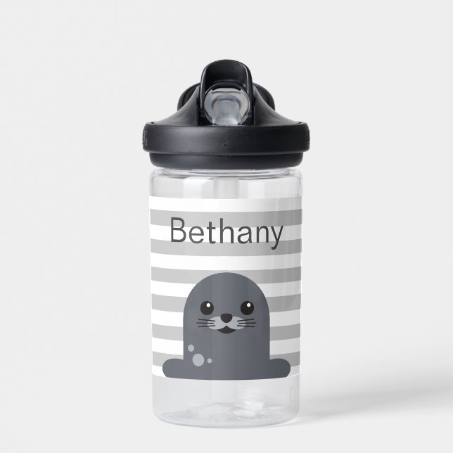 Happy Seal and Grey Stripes Personalised Water Bottle (Front)