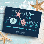 Happy Seashore | Beach Seashell Navy Christmas Holiday Card<br><div class="desc">Beach theme flat Christmas card featuring a whimsical "Happy Holidays" seashell,  whale tail and ocean waves typography design with a nautical pattern on the reverse side in shades of navy blue,  turquoise and coral. Original artwork KL Stock.</div>