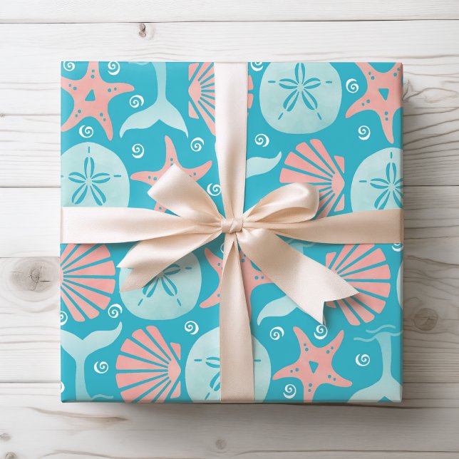 Happy Seashore | Nautical Beach Seashell Christmas Wrapping Paper (Creator Uploaded)