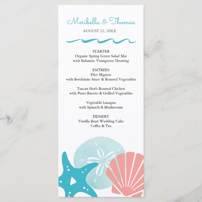 Happy Seashore | Tropical Beach Seashells Wedding Menu (Front)