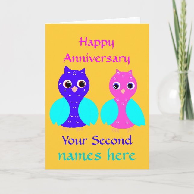Happy Second Anniversary Cute Owl Couple Customise Card (Front)