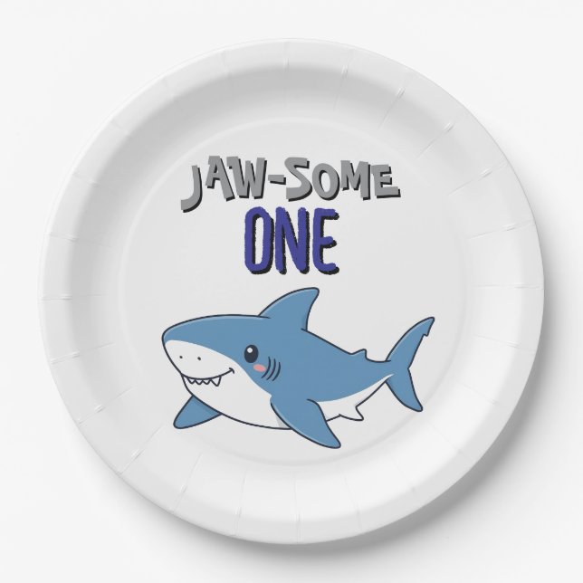 Happy Shark Jaw-some One 1st birthday Paper Plate (Front)