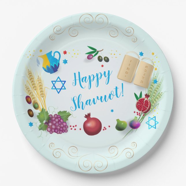 Happy SHAVUOT decorative ornament seven species Paper Plate (Front)