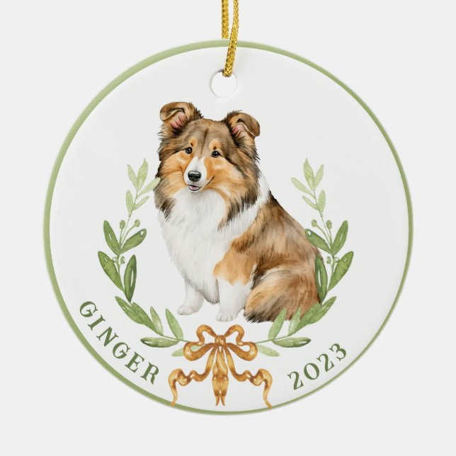Happy Sheltie in Laurel Wreath  Ceramic Tree Decoration (Front)