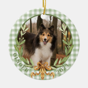 Happy Sheltie in Laurel Wreath Photo Ceramic Tree Decoration