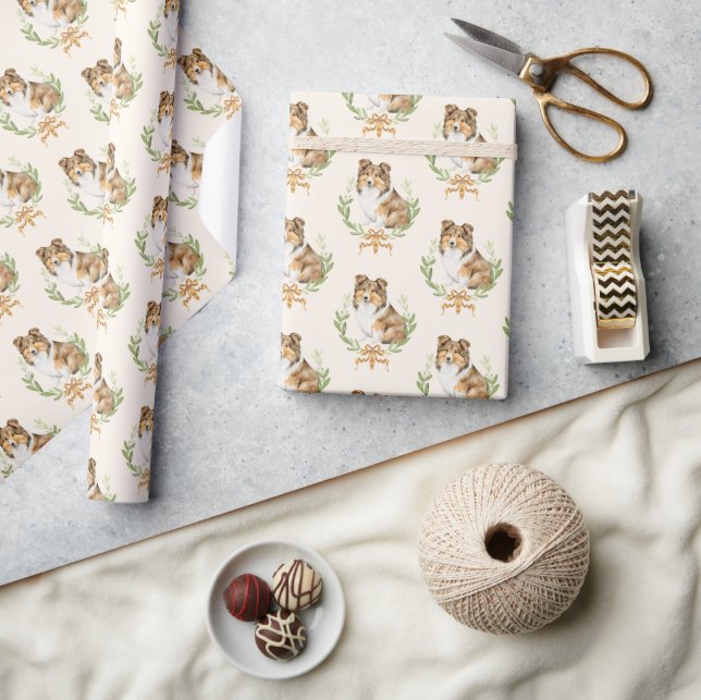 Happy Sheltie Laurel Branch Wreath Wrapping Paper (Crafts)