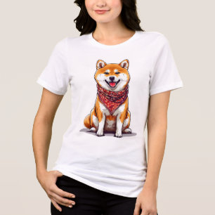 Happy Shiba Inu Dog Wearing a Stylish Red Bandanna Tri-Blend Shirt