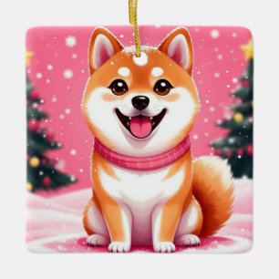 Happy Shiba Inu Puppy By Christmas Trees Ceramic Ornament