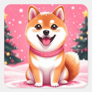 Happy Shiba Inu Puppy By Christmas Trees Square Sticker