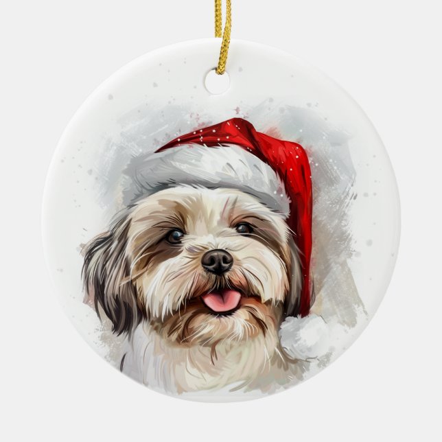 Happy Shih Tzu Dog Christmas Personalized Ceramic Tree Decoration (Front)