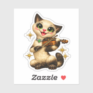 Happy Siamese Cat Playing Violin Retro Mid Century