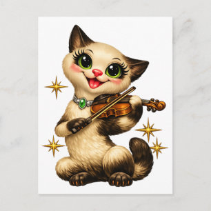 Happy Siamese Cat Playing Violin Retro Mid Century Postcard