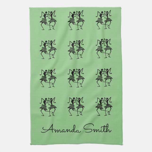 Happy Silhouette Dancers Green    Tea Towel (Vertical)