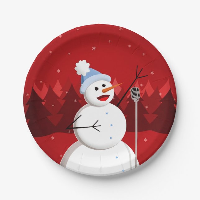Happy Singing Snowman Christmas Paper Plate (Front)
