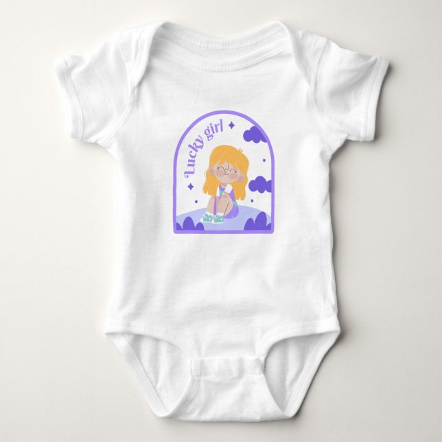 Happy Sitting Girl with Clouds Purple Baby Bodysuit (Front)