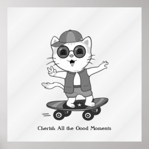 Happy Skater Cat on Silver Grey Shades Poster