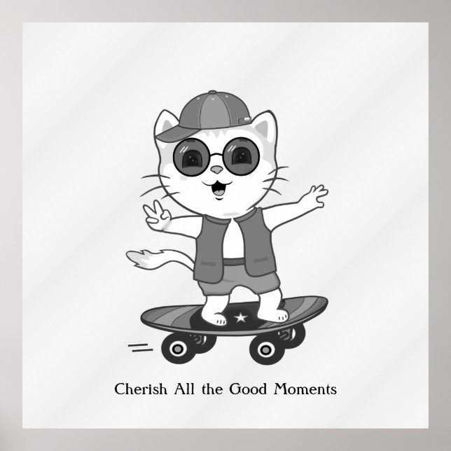Happy Skater Cat on Silver Grey Shades Poster (Front)
