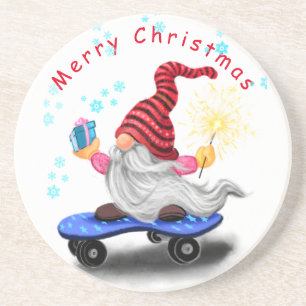 Happy Skater Gnome with Gifts and Sparkler - Funny Coaster