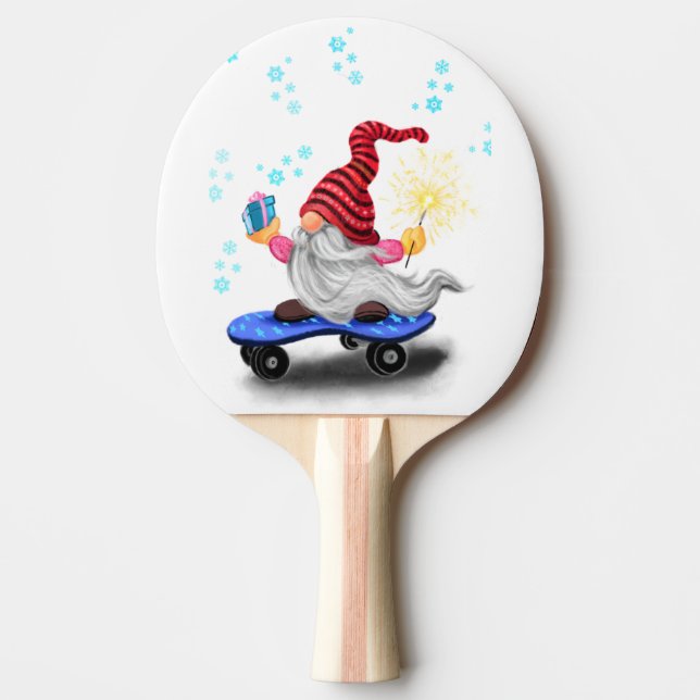 Happy Skater Gnome with Gifts and Sparkler - Funny Ping Pong Paddle (Front)