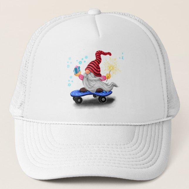 Happy Skater Gnome with Gifts and Sparkler - Funny Trucker Hat (Front)
