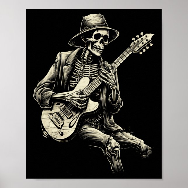 Happy Skeleton Guitar Guy Spooky Halloween Rock Ba Poster (Front)