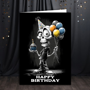 Happy Skeleton Wearing a Party Hat Birthday Card