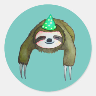 Happy Sloth in Birthday Hat  Classic Round Sticker