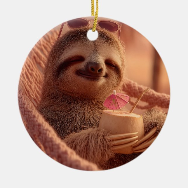 Happy Sloth Relaxing in a Hammock Ceramic Tree Decoration (Front)