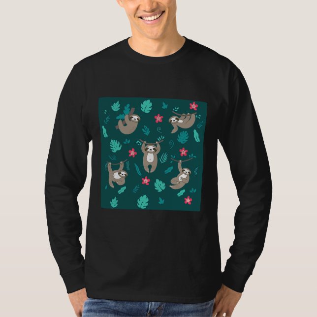Happy Sloth With Tropical Leaves Pattern T-Shirt (Front)
