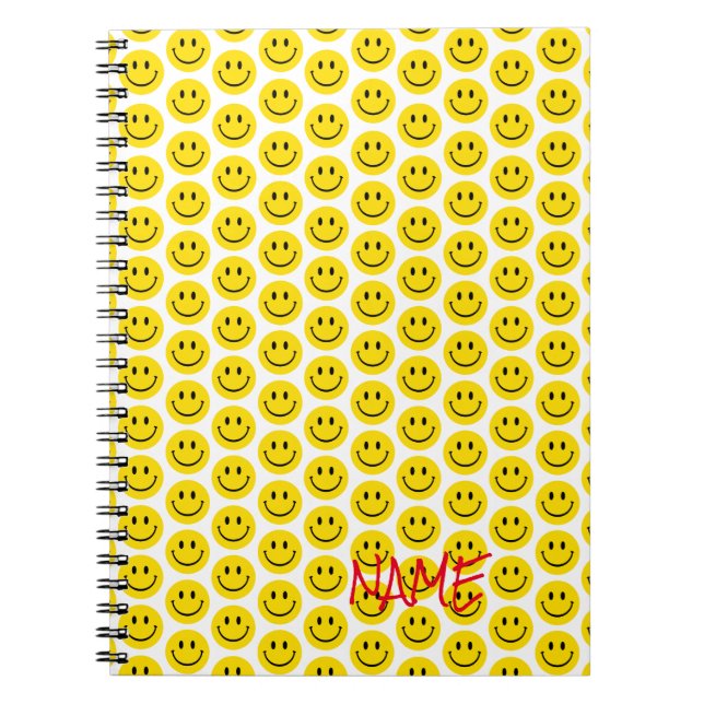 Happy Smile Face Yellow Black White Red Name Noteb Notebook (Front)
