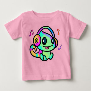 Happy smiling baby chameleon with headphones.  baby T-Shirt