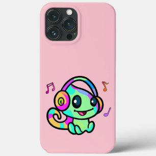 Happy smiling baby chameleon with headphones.  iPhone 13 pro max case
