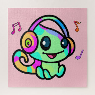 Happy smiling baby chameleon with headphones.  jigsaw puzzle