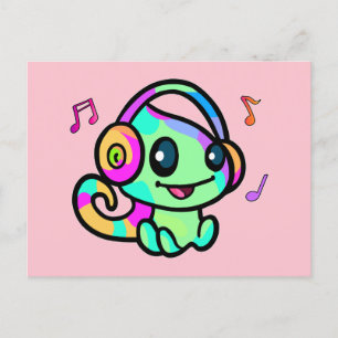 Happy smiling baby chameleon with headphones. postcard