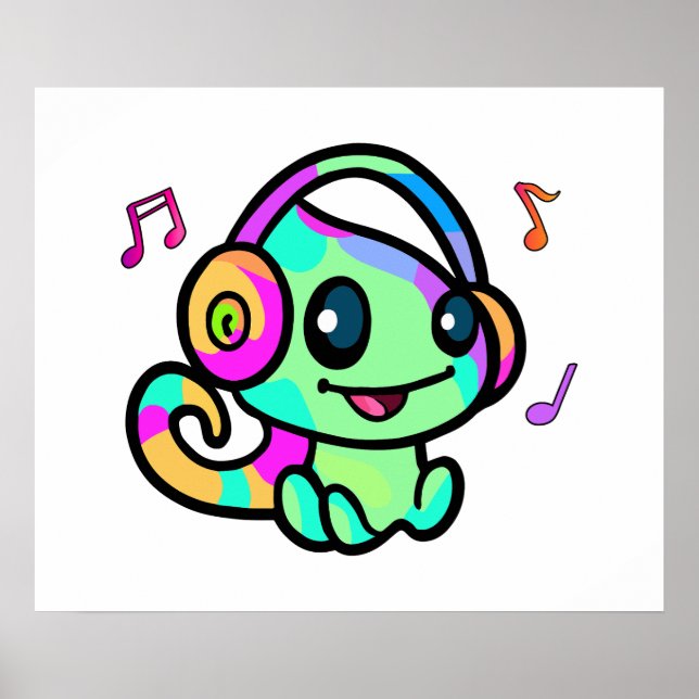 Happy smiling baby chameleon with headphones.  poster (Front)