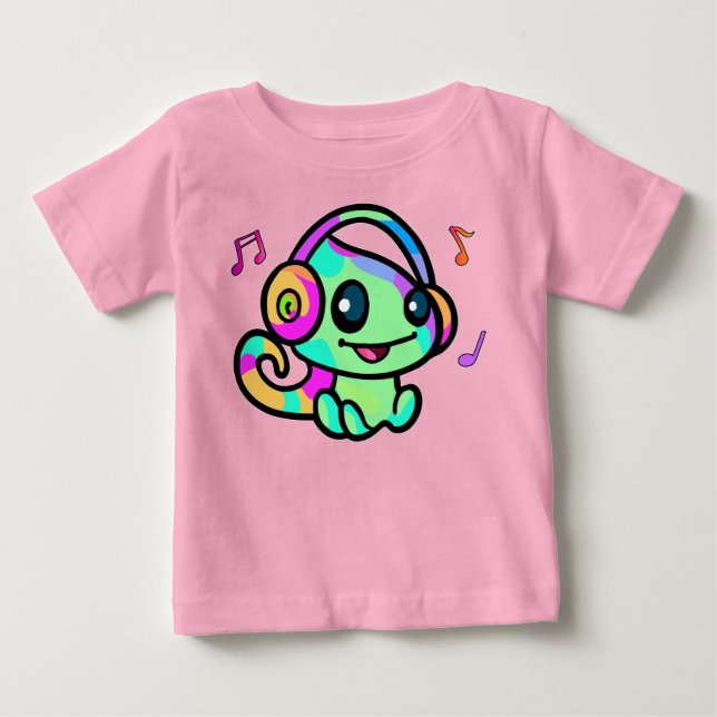 Happy smiling baby chameleon with headphones.  T-Shirt (Front)