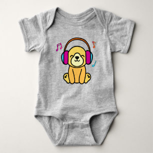 Happy smiling baby dog puppy with headphones. baby bodysuit