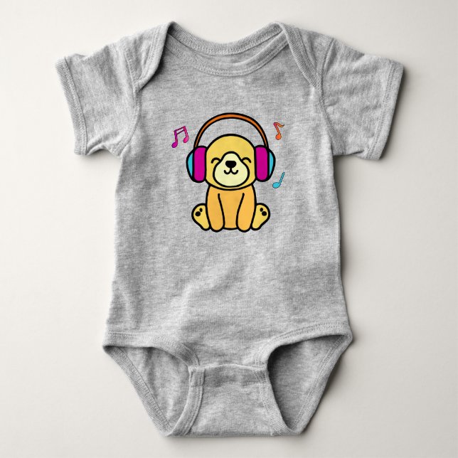 Happy smiling baby dog puppy with headphones.  bodysuit (Front)