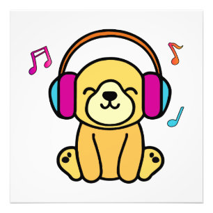 Happy smiling baby dog puppy with headphones.  photo print