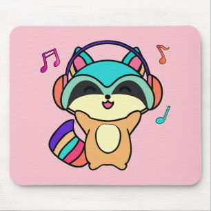Happy smiling baby raccoon with headphones.  mouse pad