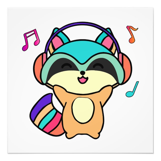 Happy smiling baby racoon with headphones.  photo print (Front)