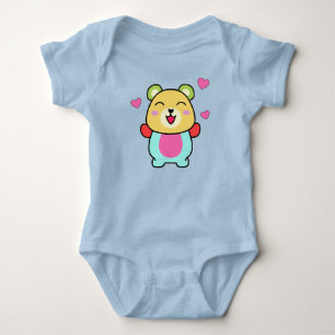 Happy smiling baby teddy bear with love hearts.  bodysuit